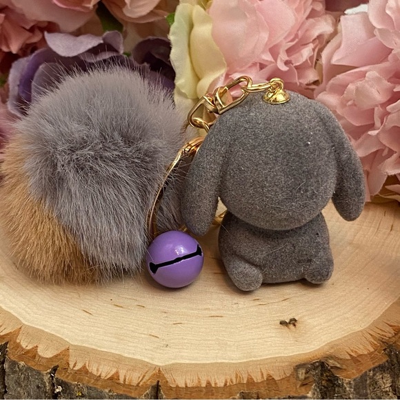 Gray Felt Bunny Rabbit Charm with Gray Pom Pom Keychain - Picture 7 of 11